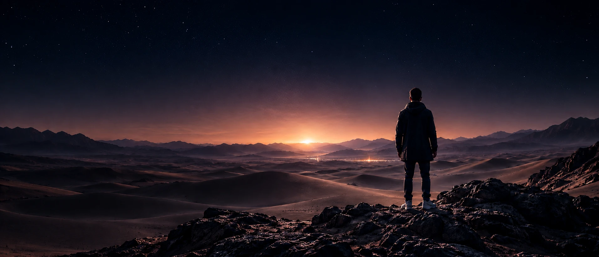 A lone figure overlooking desert mountains at sunset under a starry sky