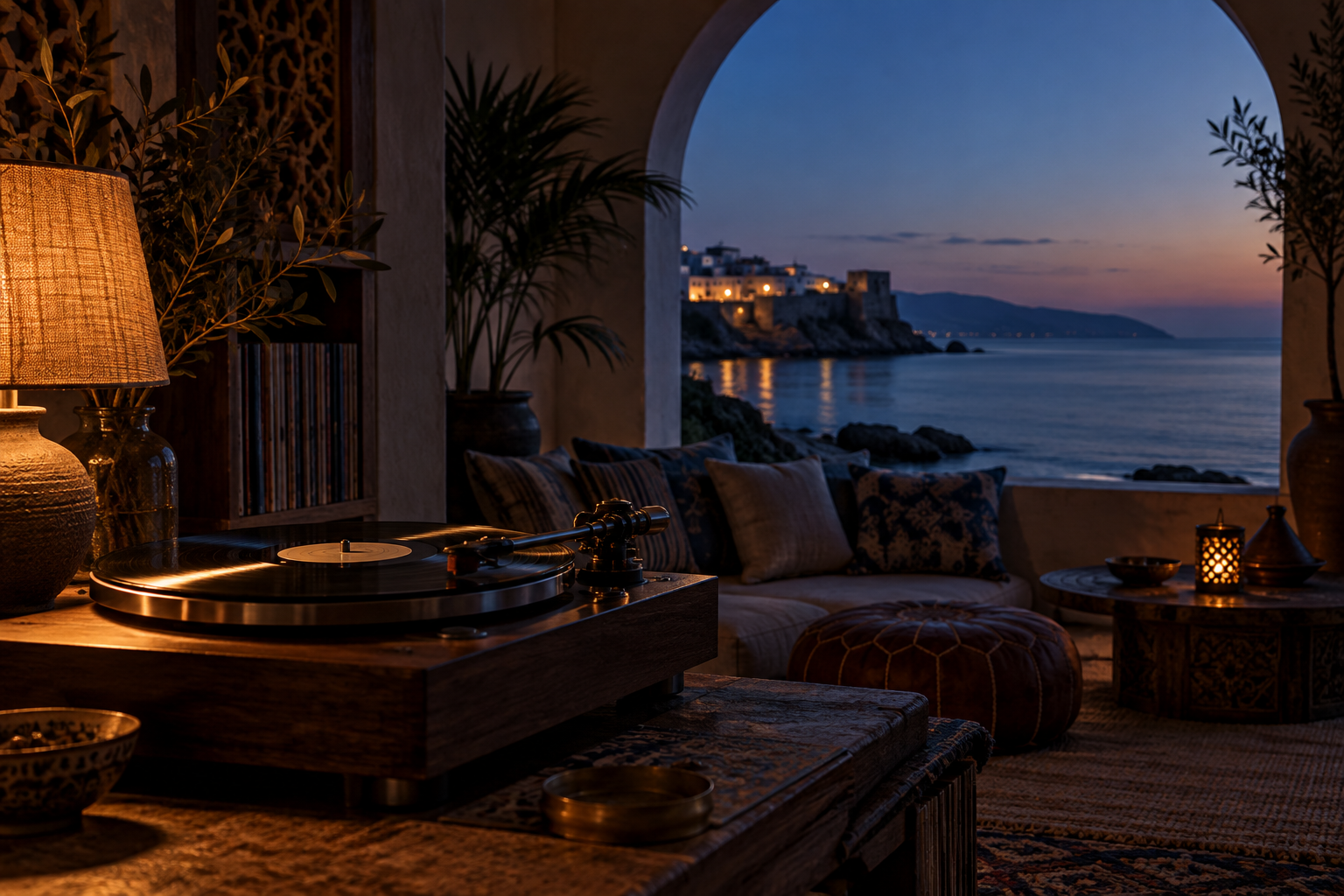 A turntable in a warmly lit Mediterranean listening room overlooking the sea at dusk.